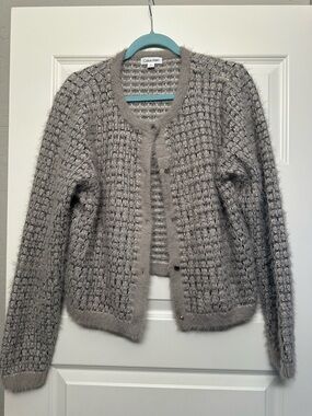 Calvin Klein Fuzzy Knit Cardigan Sweater Gray Textured Button Front